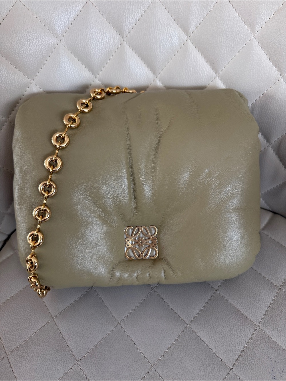 Soft Olive Green Leather Shoulder Bag with Gold Chain